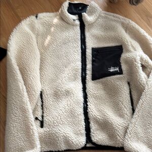 Stussy Cream Sherpa Jacket with Black Details